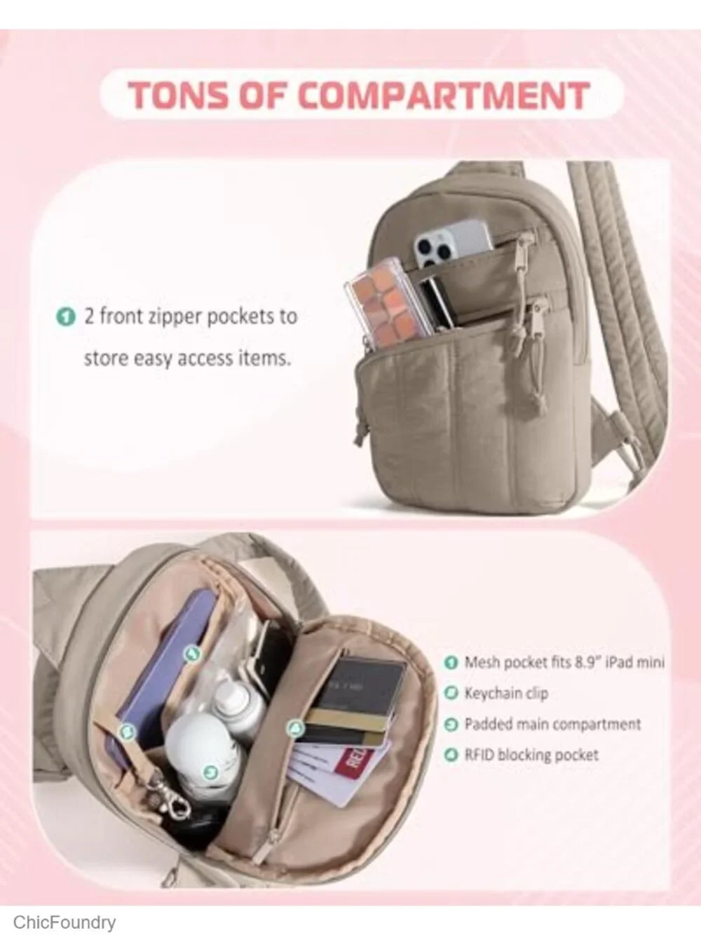 Puffer Sling Bag with RFID Blocking Pocket and Hidden Water Bottle Holder,